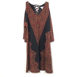 Cold Shoulder Swing Dress with Lace Up Back Detail